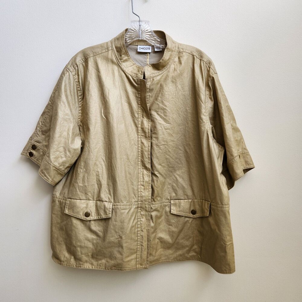 Chicos Jacket Women's 3 Gold Metallic Linen Full Zip Classic Career Evening Chic